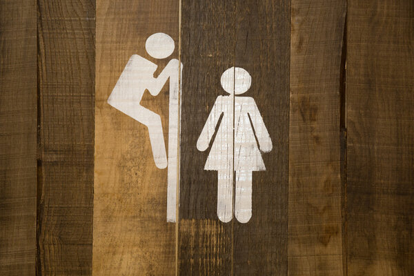 Funny wc restroom symbols man look at woman in toilet