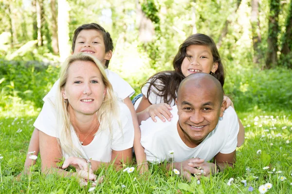 Blandad familj liggande i gräset under semestern — Stockfoto