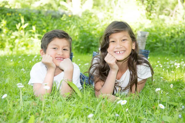 O irmão e a irmã estão deitados na grama com um grande sorriso e felicidade — Fotografia de Stock