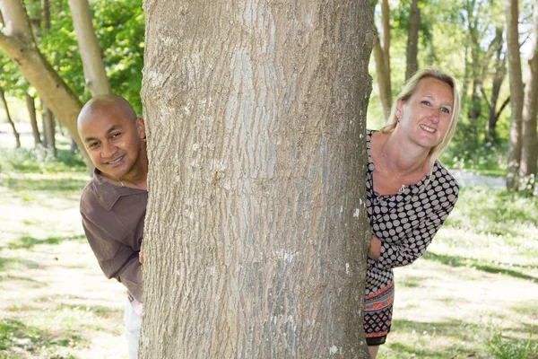 Любящая пара играет в парке с деревом — стоковое фото