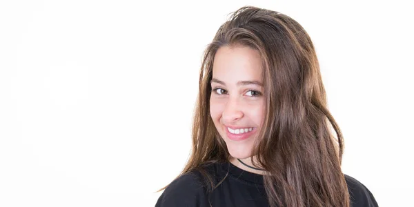 Vrolijke Brunette Meisje Met Lange Haren Witte Achtergrond — Stockfoto