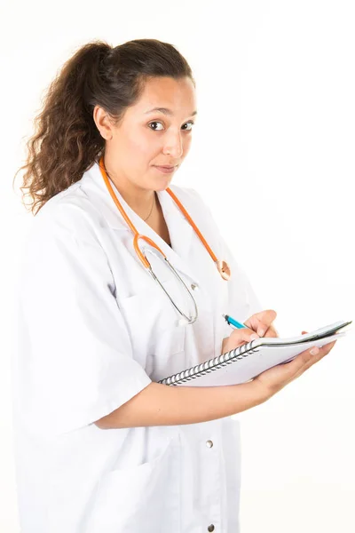 Portrait Woman Doctor Hospital Corridor Holding Paper Tablet Looking Camera — Stock Photo, Image