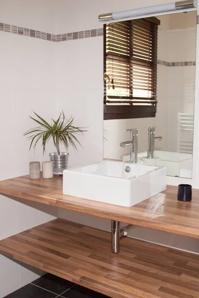 现代木制浴室带小植物 — 图库照片
