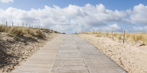 Wooden path sea over sand dunes with ocean view in summer