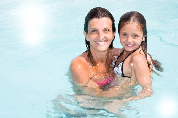 Cute Single Mother Young Daughter Smiling Pool — Stock Photo, Image