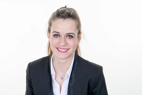 Retrato Jovem Mulher Negócios Sorridente Isolado Fundo Branco — Fotografia de Stock