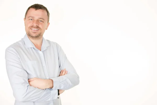 Confident Handsome Man Shirt Arms Crossed Smiling While Standing White — Stock Photo, Image