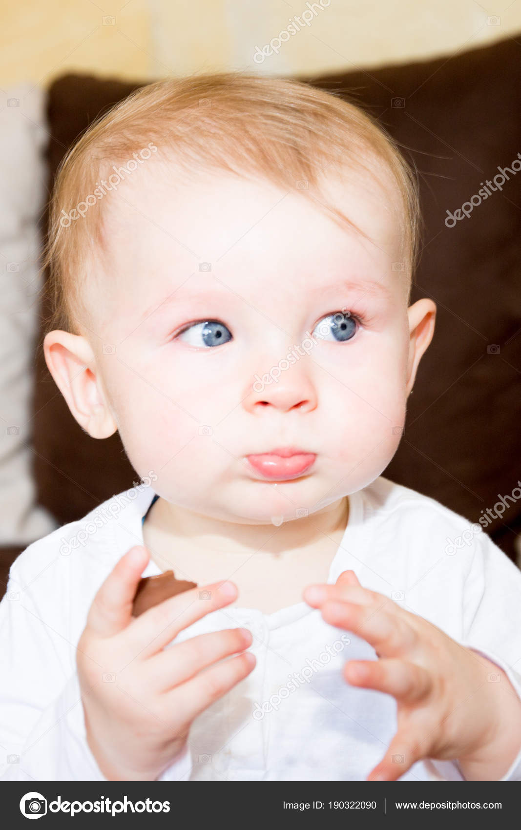 Portrait Cute Young Boy Blond Hair Blue Eyes Eat Candy Stock