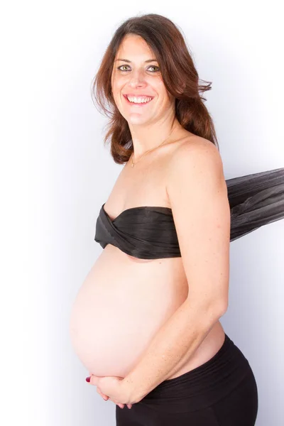 Portrét Krásné Těhotné Ženy Černé Šifónové Šál — Stock fotografie