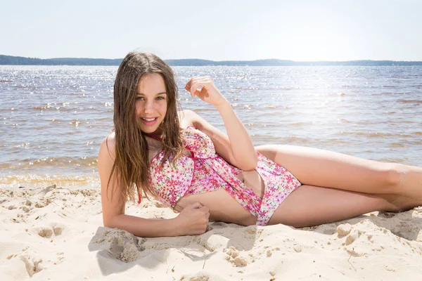 Outdoor Shot Smiling Young Female Model Girl Bikini Lying Blue — Stock Photo, Image