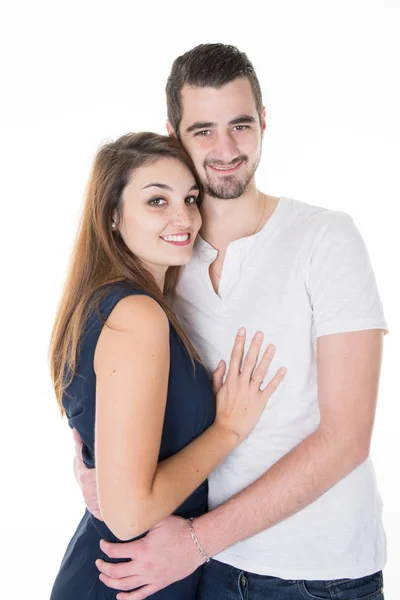 Retrato Hermosa Pareja Joven Enamorada Fondo Blanco — Foto de Stock