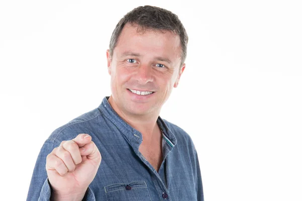 Young Man Finger Pointing Showing Forefinger Front Camera White Background — Stock Photo, Image