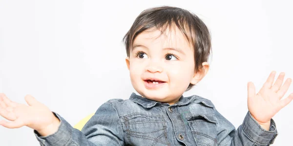 Portrait Happy Joyful Beautiful Little Boy White Background — Stok Foto