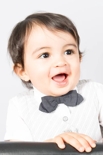 Bonito Retrato Criança Menino Miúdo Com Branco Camisa Laço Gravata — Fotografia de Stock