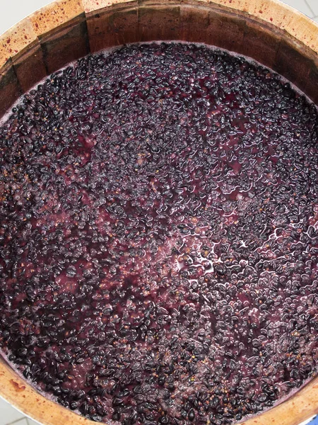 Tonneau Bois Jus Raisin Rouge Raisins Pressés Dans Récolte — Photo