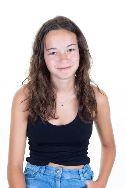 Young Woman Brunette Curly White Wall Smiling Happy Pose — Stock Photo, Image