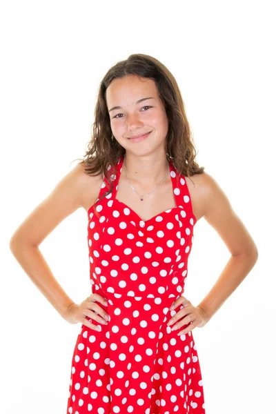 Ritratto Una Giovane Donna Vestita Rosso Adolescente Estivo Sfondo Bianco — Foto Stock