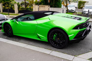 Bordeaux, Aquitaine / France - 11 18 2019: Lamborghini Huracan evo Performante sportscar green side