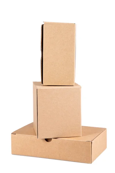 Tři Lepenkové Krabice Hnědé Bílém Pozadí — Stock fotografie