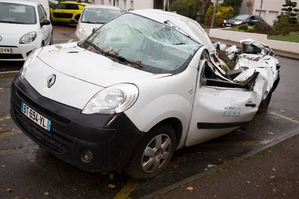 Bordeaux Aquitaine France 2019 Car Crushed Tree Storm Hurricane — Stock Photo, Image