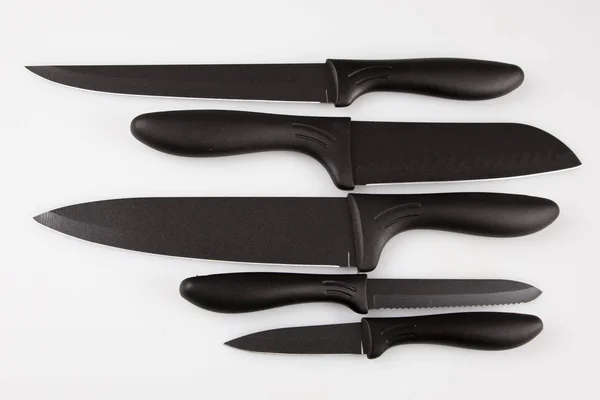 Кухонні Чорні Ножі Набір Ізольовані Білому Тлі — стокове фото