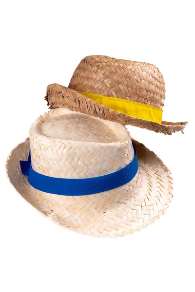 Two Straw Hat Vintage Ribbon Band Yellow Blue Isolated White — Stock Photo, Image