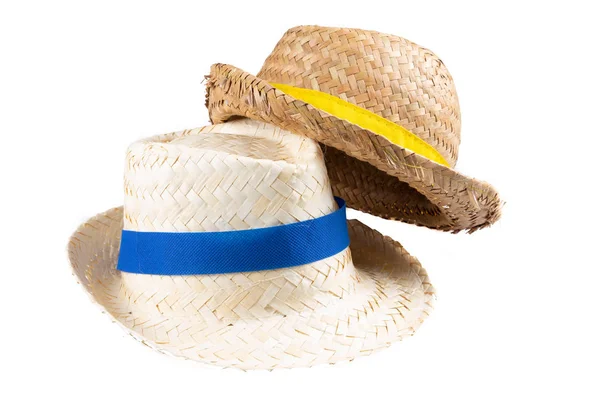 Dois Chapéu Palha Fita Azul Amarela Isolado Fundo Branco Isolado — Fotografia de Stock