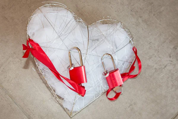 Heart Shape Cushion Red Padlocks Wedding Rings Wooden Background Marriage — Stock Photo, Image