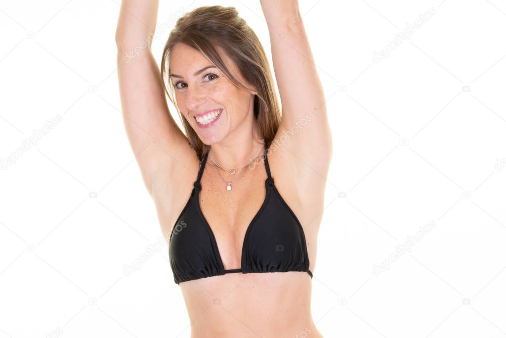 Young girl in bikini hands up swimwear woman over white background