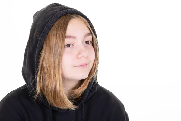 Porträt Eines Fröhlichen Jungen Teenie Mädchens Schwarzem Kapuzenpulli Auf Weißem — Stockfoto