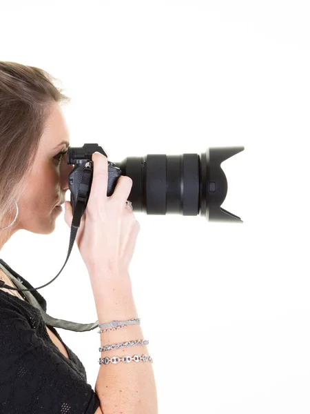 Mulher Loira Fotógrafo Perfil Lateral Vista Closeup Fundo Branco — Fotografia de Stock