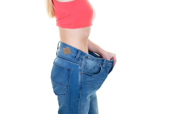 Diet Femme Mince Montre Perte Poids Portant Son Vieux Jeans — Photo