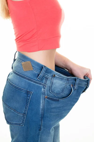 Vista Lateral Mujer Joven Irreconocible Pantalones Gran Tamaño Después Dieta — Foto de Stock