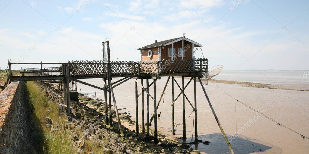 wooden fishing hut on Pilelets pilot france near Bordeaux Medoc in web banner template header