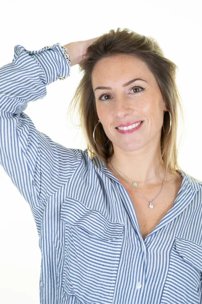 Glücklich Schöne Frau Hand Haar Auf Isoliertem Hintergrund — Stockfoto