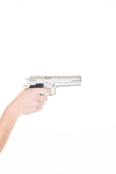 Woman Hand Silver Gun Getting Ready Shoot Isolated White Background — Stock Photo, Image
