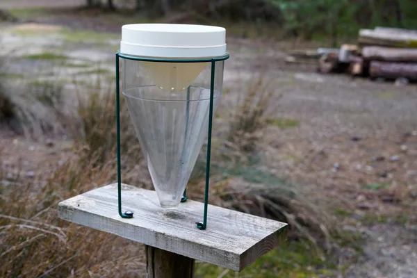 Meteorology filled rain gauge empty water meter with forest park background