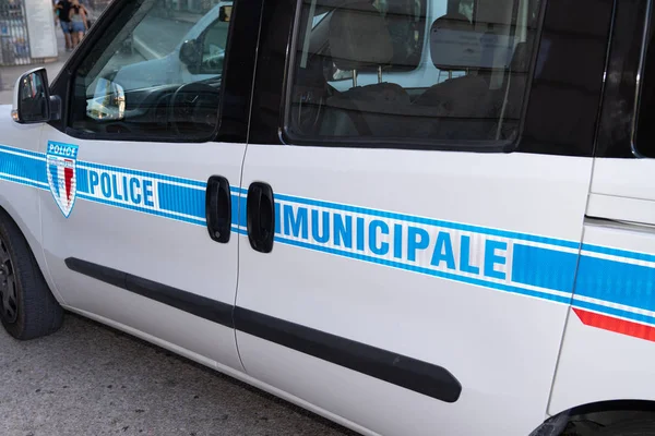 Side White Car Police Municipale Means French Municipal Police Vehicle — 스톡 사진
