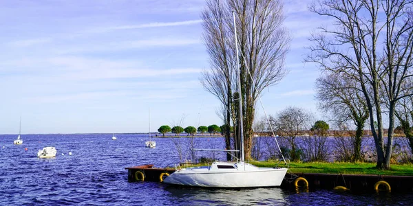 Cena Água Lago Gironde França Aldeia Carcanos Com Barco Inverno — Fotografia de Stock