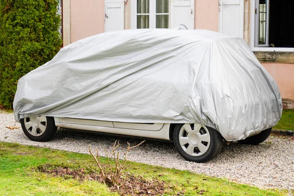 Car Silver Colored Cover Winter — Stock Photo, Image