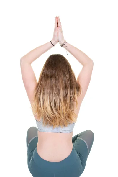 Giovane Donna Magra Praticare Yoga Vicino Parete Bianca All Interno — Foto Stock
