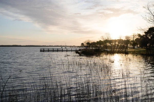 Biscarrosse Lake Sunset Boat Pontoon France — 스톡 사진