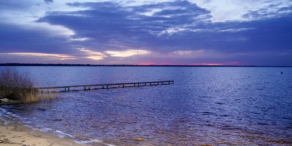 Pontón Muelle Noche Azul Puesta Sol Lago — Foto de Stock