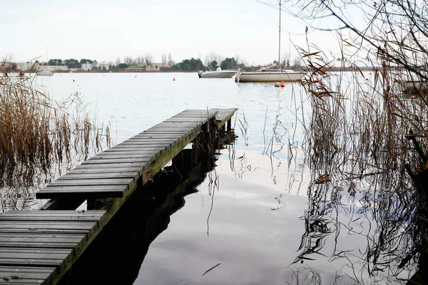 Ponton Pier Houten Zonsopgang Strand Hourtin Meer Carcans Dorp Frans — Stockfoto