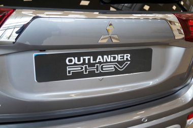 Bordeaux , Aquitaine / France - 02 21 2020 : Mitsubishi P-HEV Outlander PHEV rear back view sign logo car in dealership