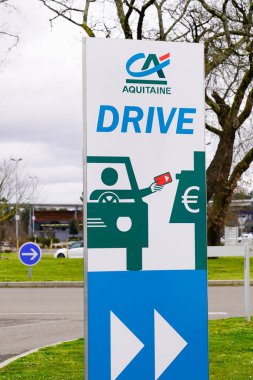 Bordeaux , Aquitaine / France - 02 21 2020 : credit agricole car drive bank atm driving on car logo sign office shop french signage service