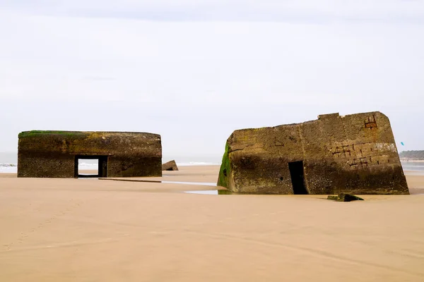 Blockhaus Antigo Vestígio Areia Atlântica Praia Francês — Fotografia de Stock