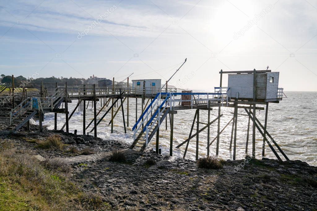 Fishing huts and nets in Saint-Palais-sur-Mer in Charente France