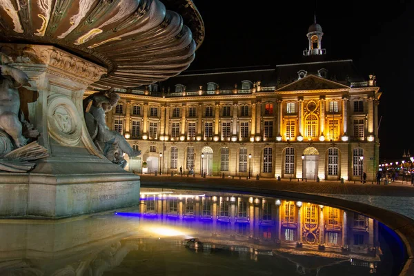 Beroemde Bourse Plein Met Fontein Bordeaux Stad Nacht — Stockfoto