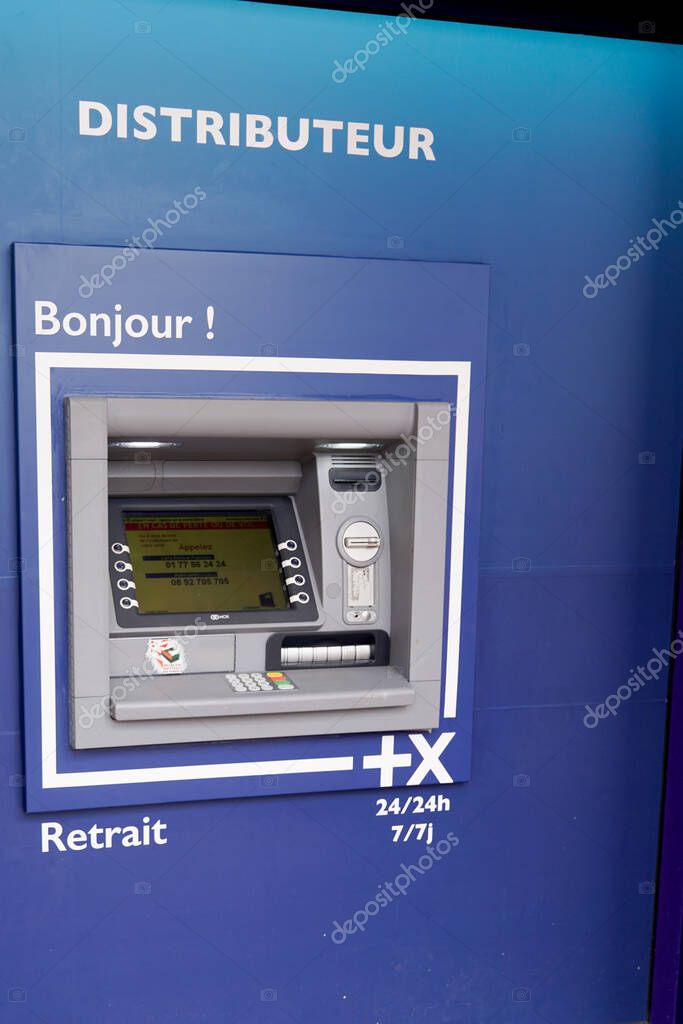 Bordeaux , Aquitaine / France - 03 11 2020 : banque populaire atm blue building sign retail logo of bank french store signage